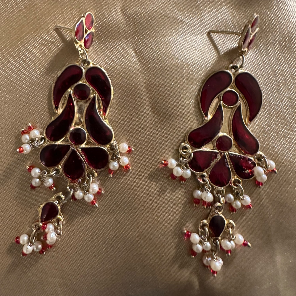 Hand Crafted Gold and Red Statement Earrings